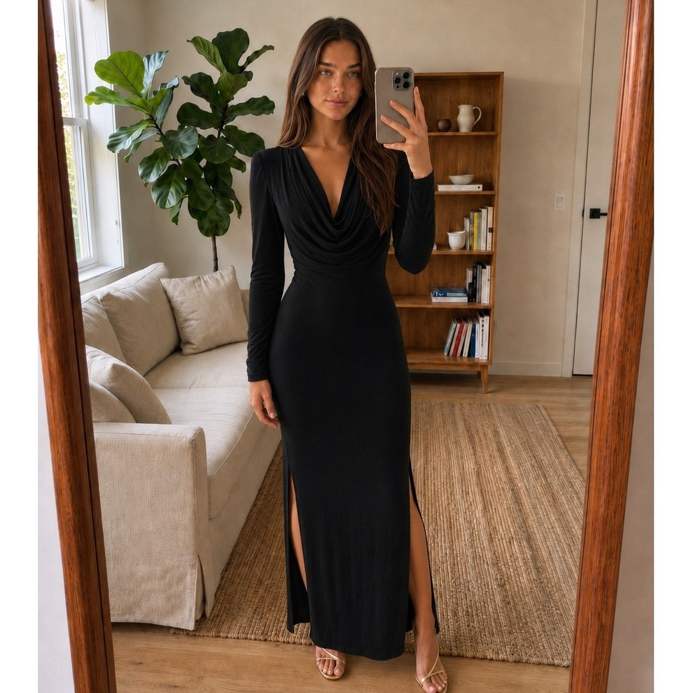 Band of the Free Maxi Dress M Black Long Sleeve Cowl Neck Goth Minimalist